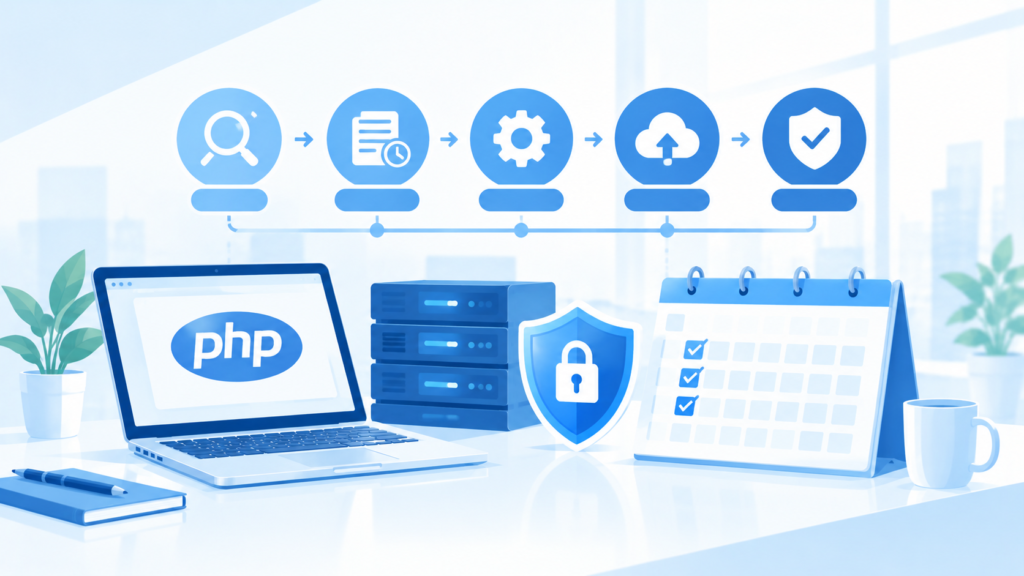 PHPのバージョン管理と定期的な保守計画を表現したイラスト