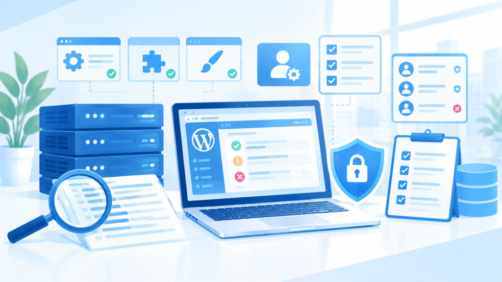 サーバーログや管理者アカウント、ファイルの変更状況を点検するイメージ