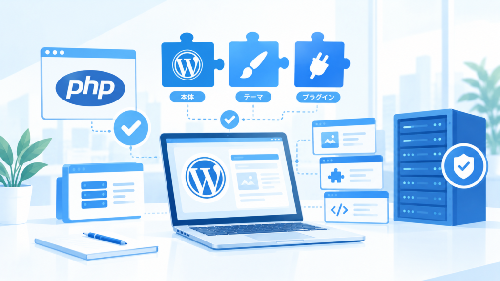 WordPress本体とテーマ、プラグイン、PHPの互換性確認を表現したイラスト