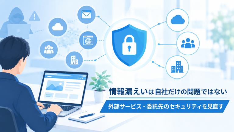 外部サービスや委託先を含めた情報漏えい対策を表す、盾と鍵のセキュリティイラスト