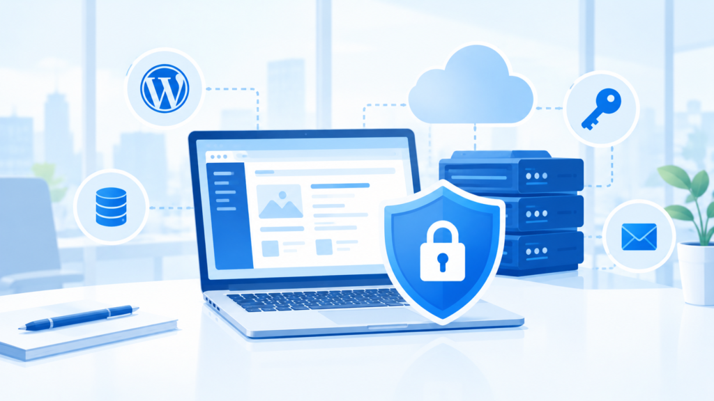 ノートパソコンとサーバー、盾と鍵のマークで企業Webサイトの管理アカウント保護を表現したイラスト