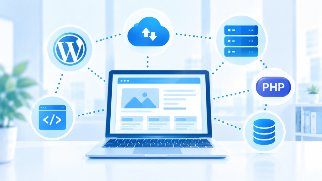WordPressサイトとサーバー側のPHPの関係を表現した青と白のイラスト